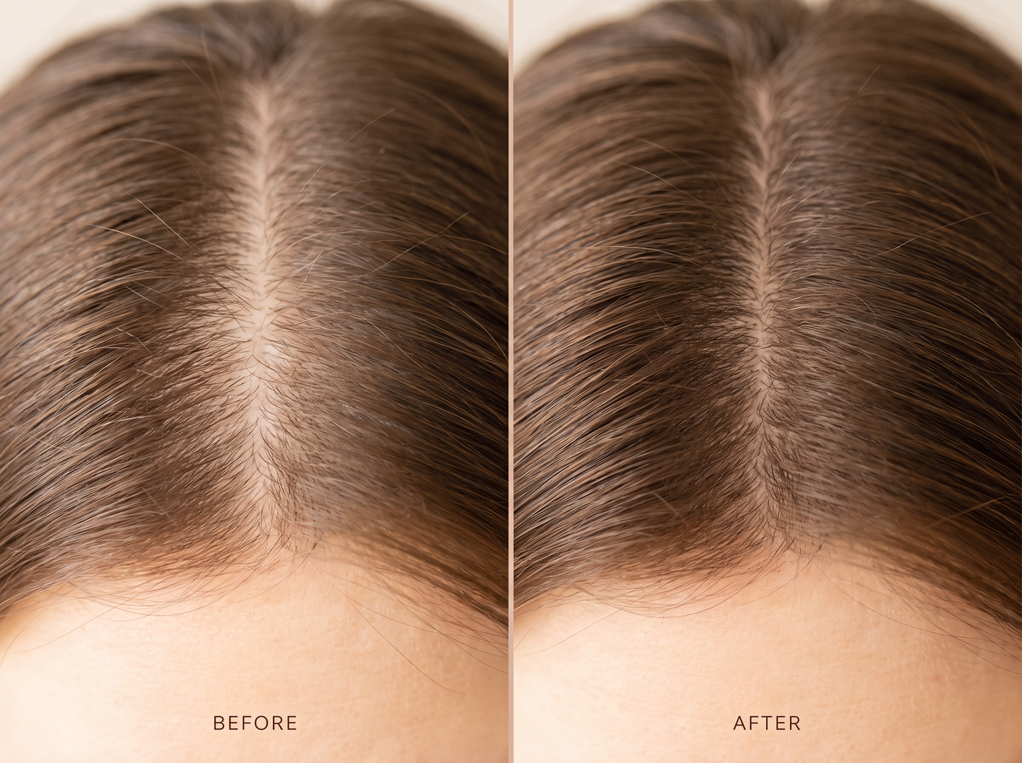 YLO hair fibers — part line before and after applying cotton fibers (illustration, results vary)