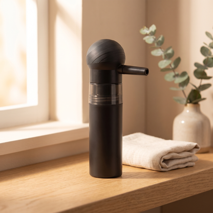 YLO hair fiber spray applicator on a bathroom shelf in warm morning light