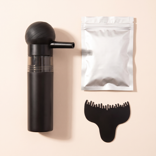 The YLO System: pre-filled spray applicator, cotton fiber refill pouch and hairline optimizer comb