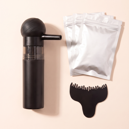YLO one-year supply: pre-filled spray applicator, three cotton fiber refill pouches and hairline optimizer comb